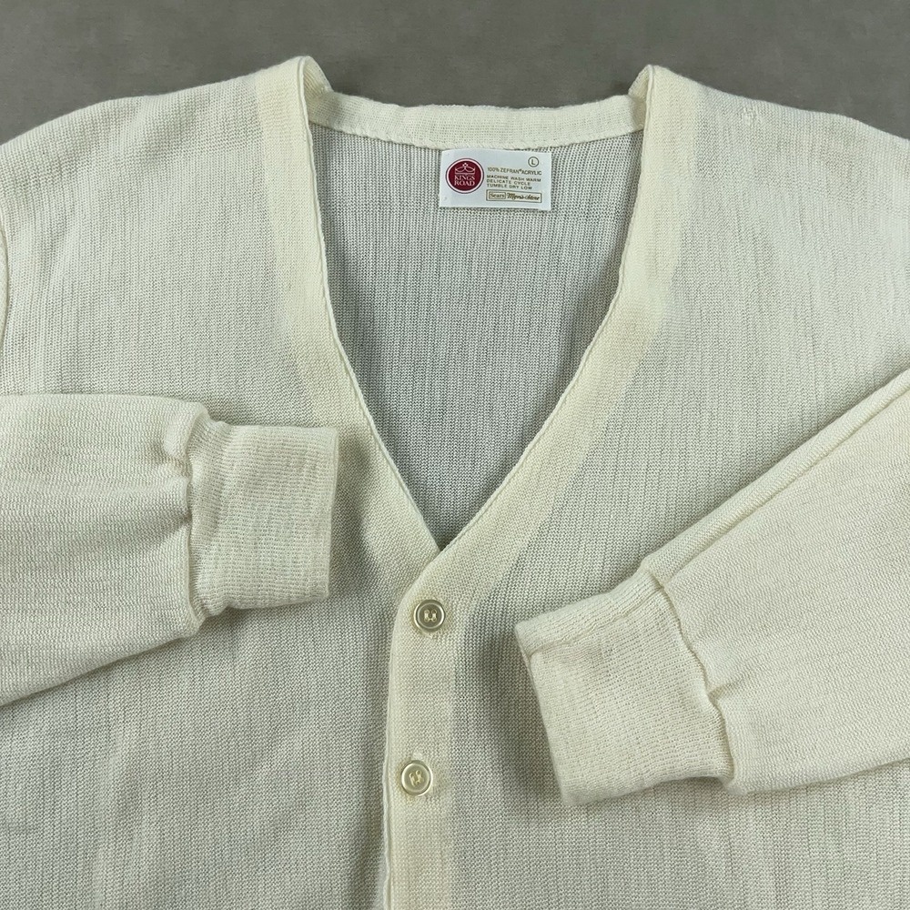 Vintage Sears Kings Road Sweater Mens Large Cream White Acrylic‎ Cardigan 70s